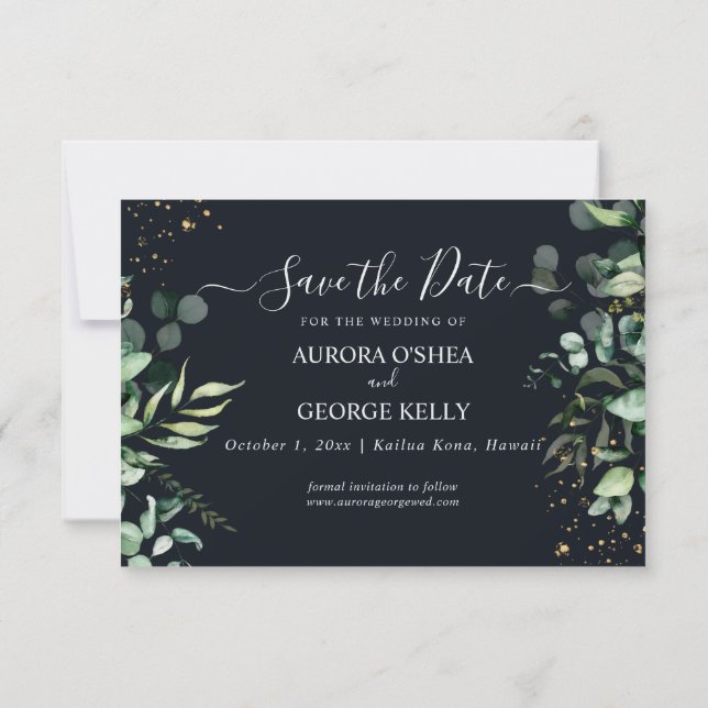 Save The Date PixDezines Rustique Eucalyptus Marine et Or Sauvez (Dos)