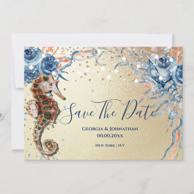 Save The Date Plage carapace d'eau île océan bleu orange (Devant)