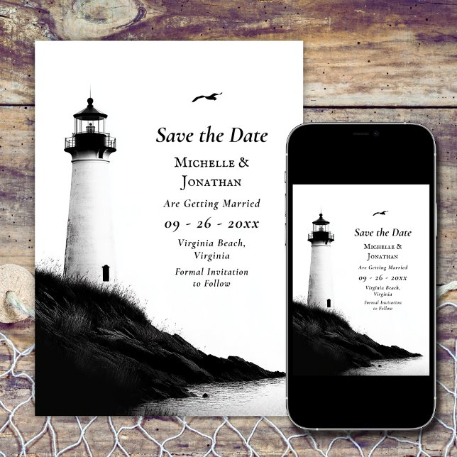 Save The Date Plage côtière Mariage phare nautique (Coastal Beach Nautical Lighthouse Wedding Save The Date)