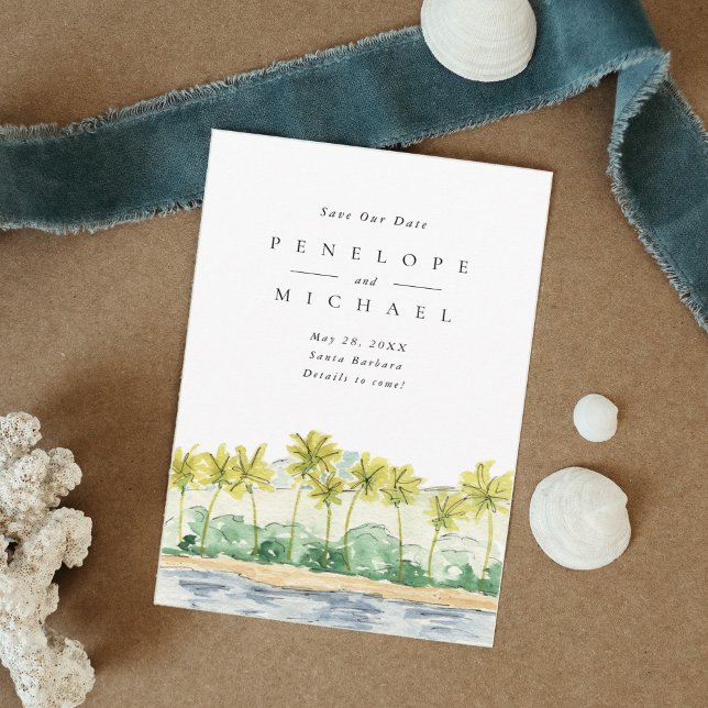 Save The Date Plage Palm Trees Tropical Watercolor Mariage (Créateur téléchargé)