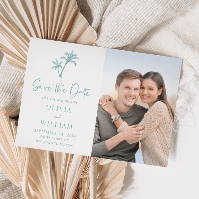 Save The Date Plage tropicale Palm Tree Aqua Blue Mariage Photo (Créateur téléchargé)