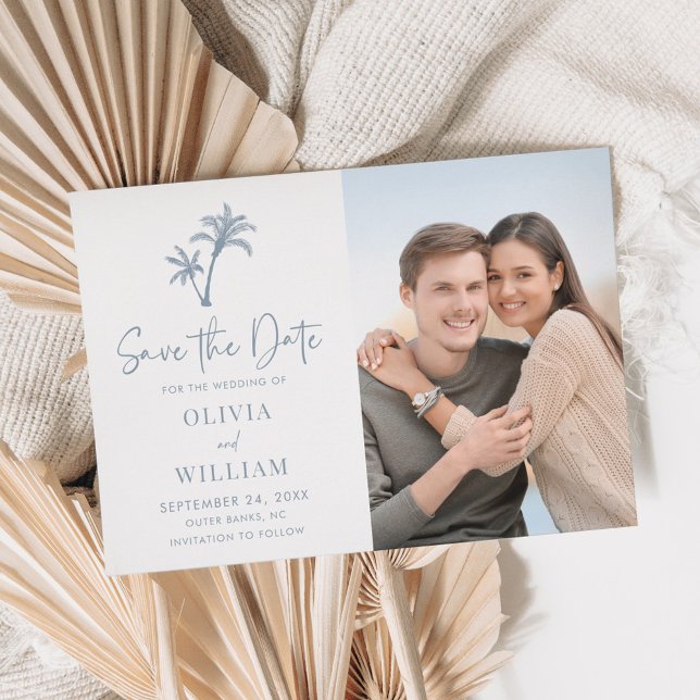 Save The Date Plage tropicale Palm Tree Dusty Blue Mariage Photo (Créateur téléchargé)