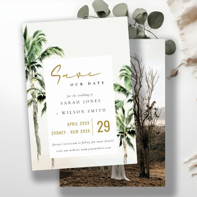 Save The Date Plage tropicale Palm Trees Aquarelle Mariage Photo (Créateur téléchargé)