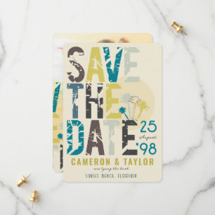Save The Date Plage tropicale Palmiers bleus Grunge Texte Photo
