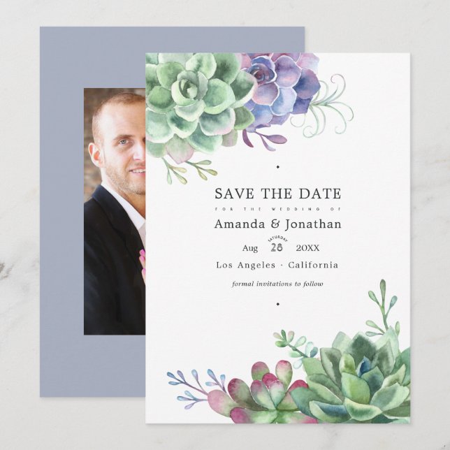 Save The Date Plantes succulentes de cactus à l'aquarelle Photo  (Devant / Derrière)