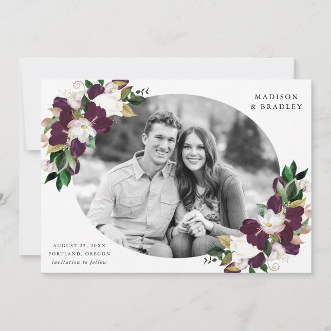 Save The Date Plum floral foncé | Photo Enregistrer La Date (Devant)