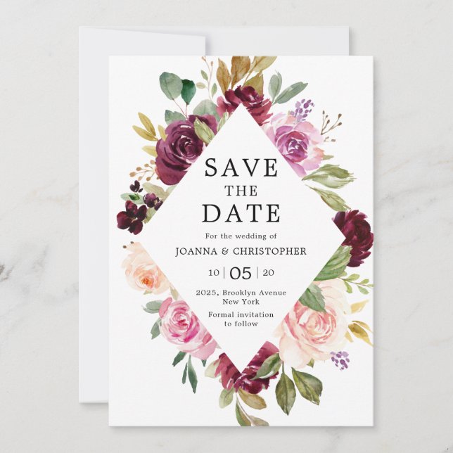 Save The Date Plum violet rose pâle Mariage géométrique floral (Devant)