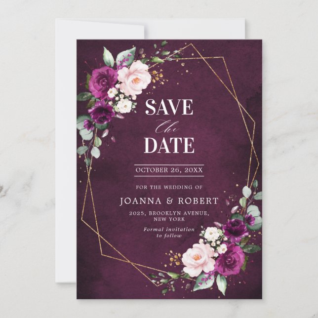 Save The Date Plum violet rose rose rose rose Boho Mariage géomé (Devant)