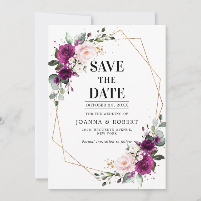 Save The Date Plum violet rose rose rose rose Boho Mariage géomé (Devant)