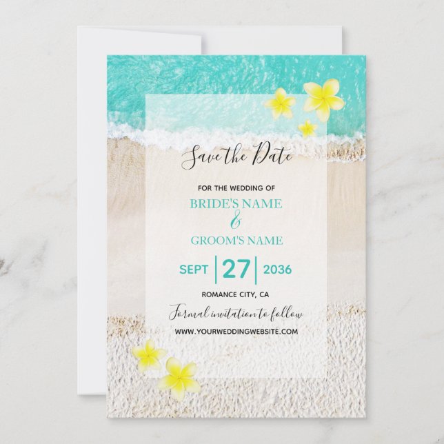 Save The Date Plumeria jaune Frangipani Plage tropicale Mariage (Devant)