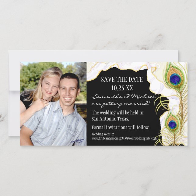 Save The Date Plumes de paon moderne Faux Ribbon Damask Swirl (Devant)
