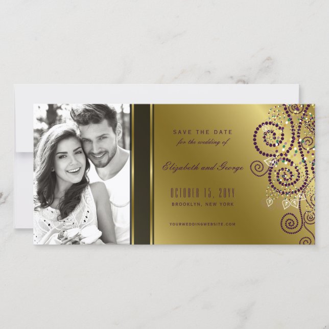 Save The Date Points Spiraux Boho Purple & Or Élégant Photo Chic (Devant)