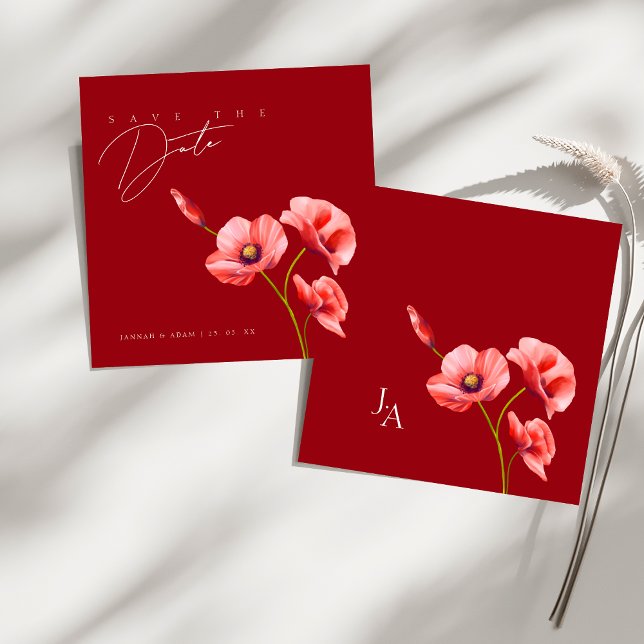 Save The Date Poppies rouges de Crimson simple Mariage de fleurs (Simple Crimson Red Poppies Floral Wedding Save The Date)