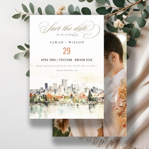 Save The Date Portland Oregon Skyline Watercolor Mariage Photo