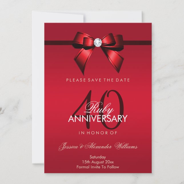 Save The Date Posh Gem Bow & Ruban 40e Anniversaire de Mariage (Devant)