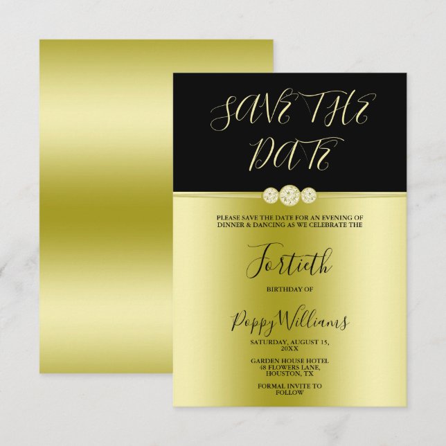 Save The Date Posh Gold & Black Elegant Diamonds 40e anniversair (Devant / Derrière)