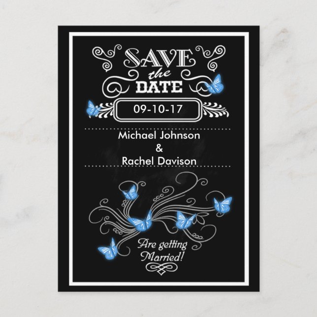 Save the Date Postcard Blue Butterflies Vintage (Front)