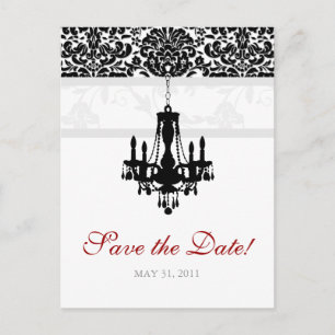 Save the Date Postcard Chandelier Damask BW