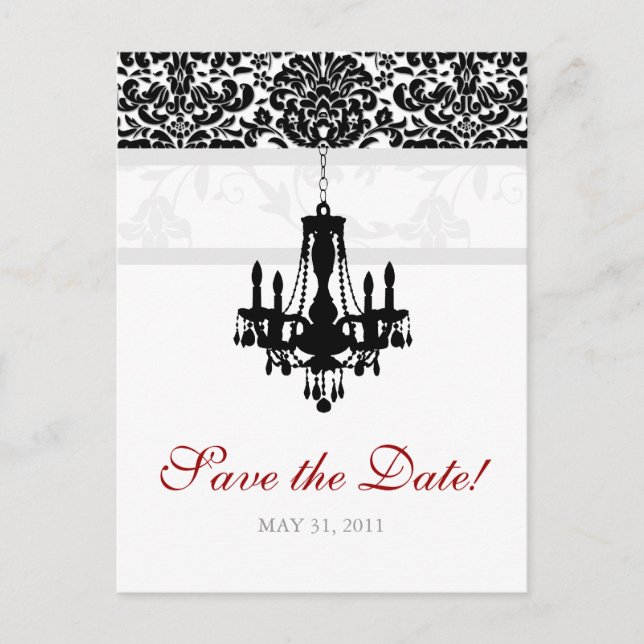 Save the Date Postcard Chandelier Damask BW (Front)