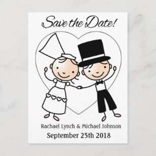 Save the Date Postcard Cute Cartoon Couple & Heart
