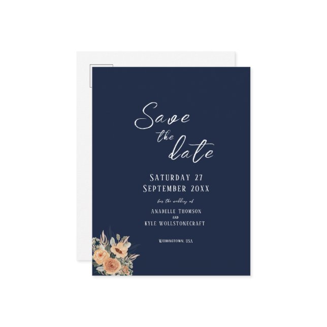 Save the Date postcard - Elegant floral deep blue (Front/Back In Situ)