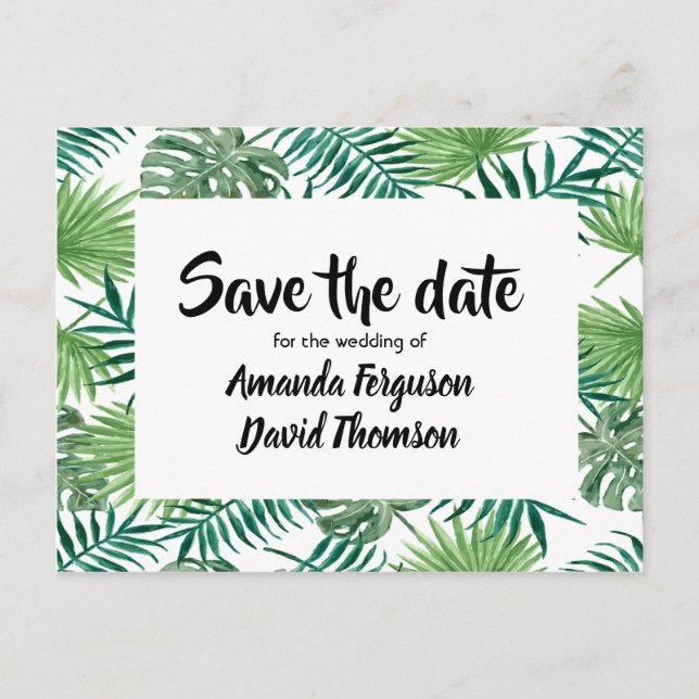 Save the date postcard green palm tree leaves (Front)