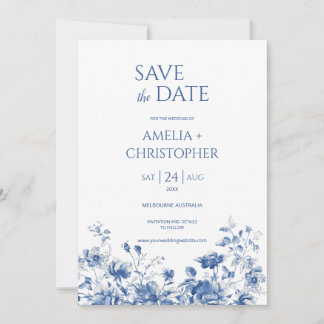 Save the date postcard, in blue tones with flower