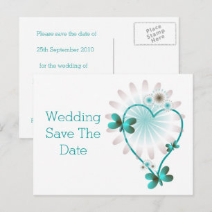 Save The Date Postcard Mint Heart And Butterflies