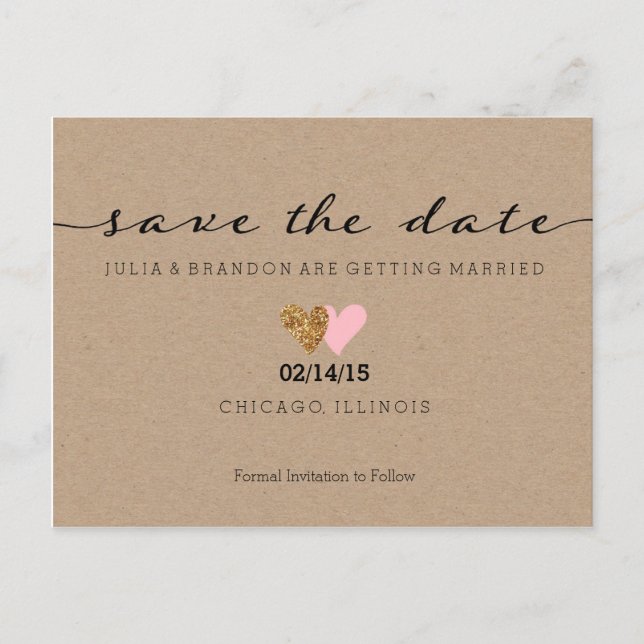 Save the Date Postcard - Two Hearts, Kraft Glitter (Front)