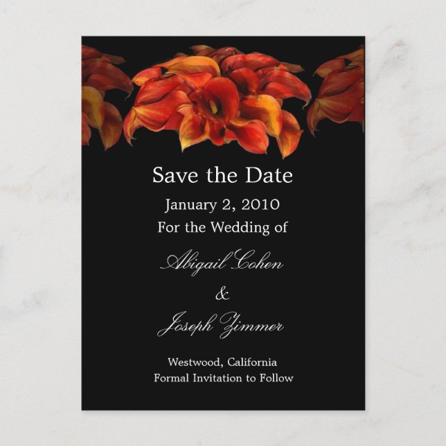 Save the date postcards, orange calla lillies announcement postcard (Front)