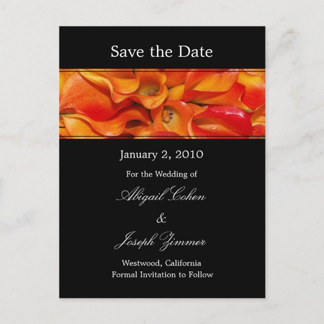 Save the date postcards, orange calla lillies announcement postcard (Front)