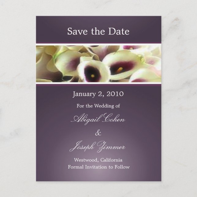 Save the date postcards, purple calla lillies announcement postcard (Front)