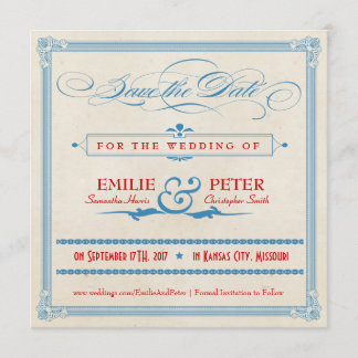 Save The Date Poster vintage rouge, blanc et bleu Enregistrer la