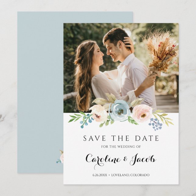 Save The Date Poussière Bleue et Rose Fardée Mariage Rustique Fl (Devant / Derrière)