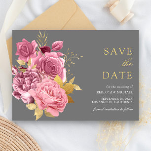 Save The Date Poussière d'or gris Mauve rose floral mariage