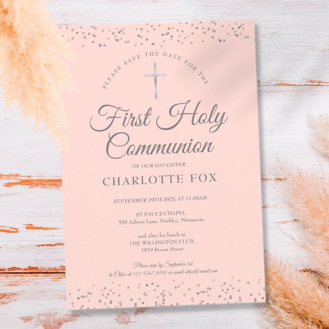 Save The Date Première Sainte Communion Blush Pink Silver Stardu (Créateur téléchargé)