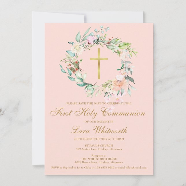 Save The Date Première Sainte Communion Croix d'or Floral Blush  (Devant)