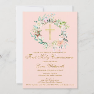 Save The Date Première Sainte Communion Croix d'or Floral Blush 