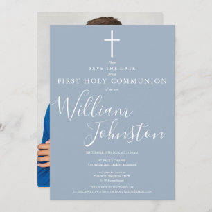 Save The Date Première Sainte Communion Dusty Blue Script Photo