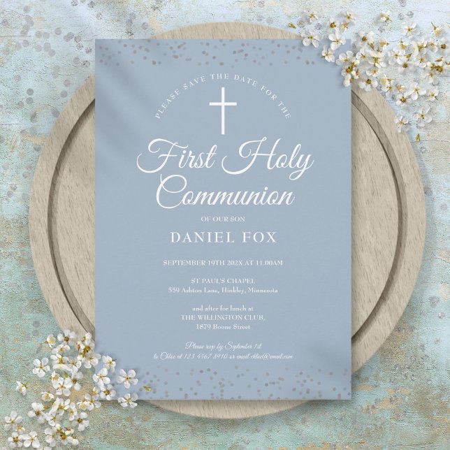 Save The Date Première Sainte Communion Dusty Blue Silver Stardu (First Holy Communion Dusty Blue Silver Stardust Save The Date)