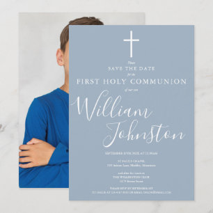 Save The Date Première Sainte Communion Écriture Bleu Poussiéreu