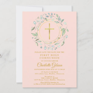 Save The Date Première Sainte Communion Rose Croix de Verdure en