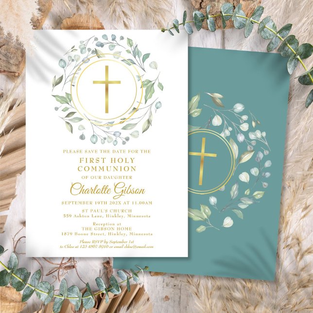 Save The Date Première Sainte Communion Verdure Croix Dorée (First Holy Communion Greenery Gold Cross Save The Date)