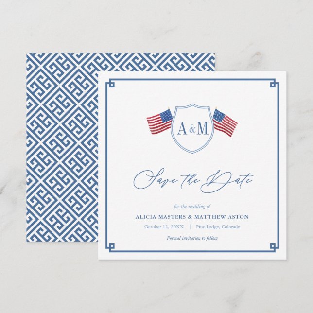 Save The Date Preppy All-American Red White Blue Mariage (Devant / Derrière)