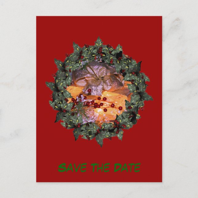 Save The Date Present Bow Wreath Holiday Announcement Postcard (Front)