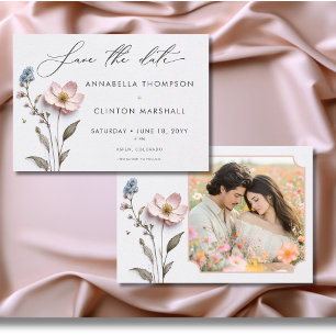 Save The Date Pressé moderne Pastel Fleur sauvage Photo Mariage
