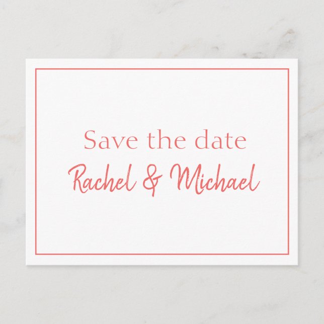 Save the Date Pretty Coral and White  Announcement Postcard (Front)