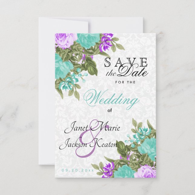 Save the Date Pretty Teal and Purple Flowers (Front)