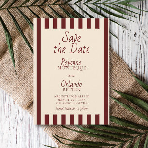 Save The Date Profond mariage rétro minimaliste rayures Bourgogn