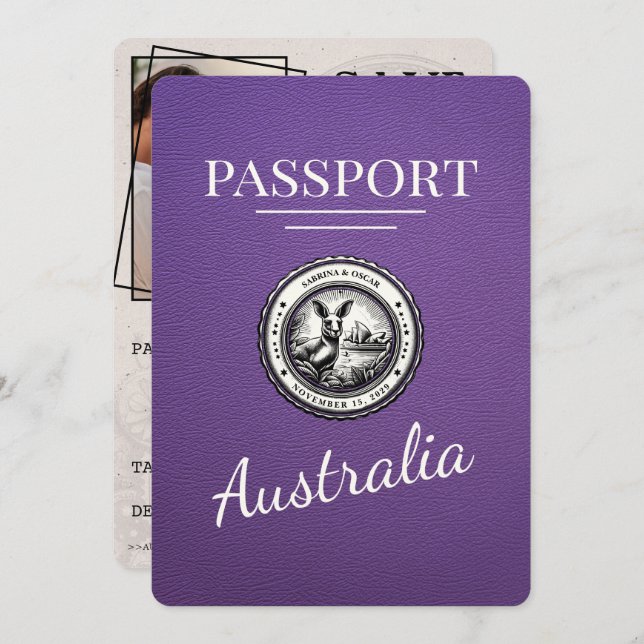 Save The Date Purple Australia Passport Enregistrer La Date (Devant / Derrière)